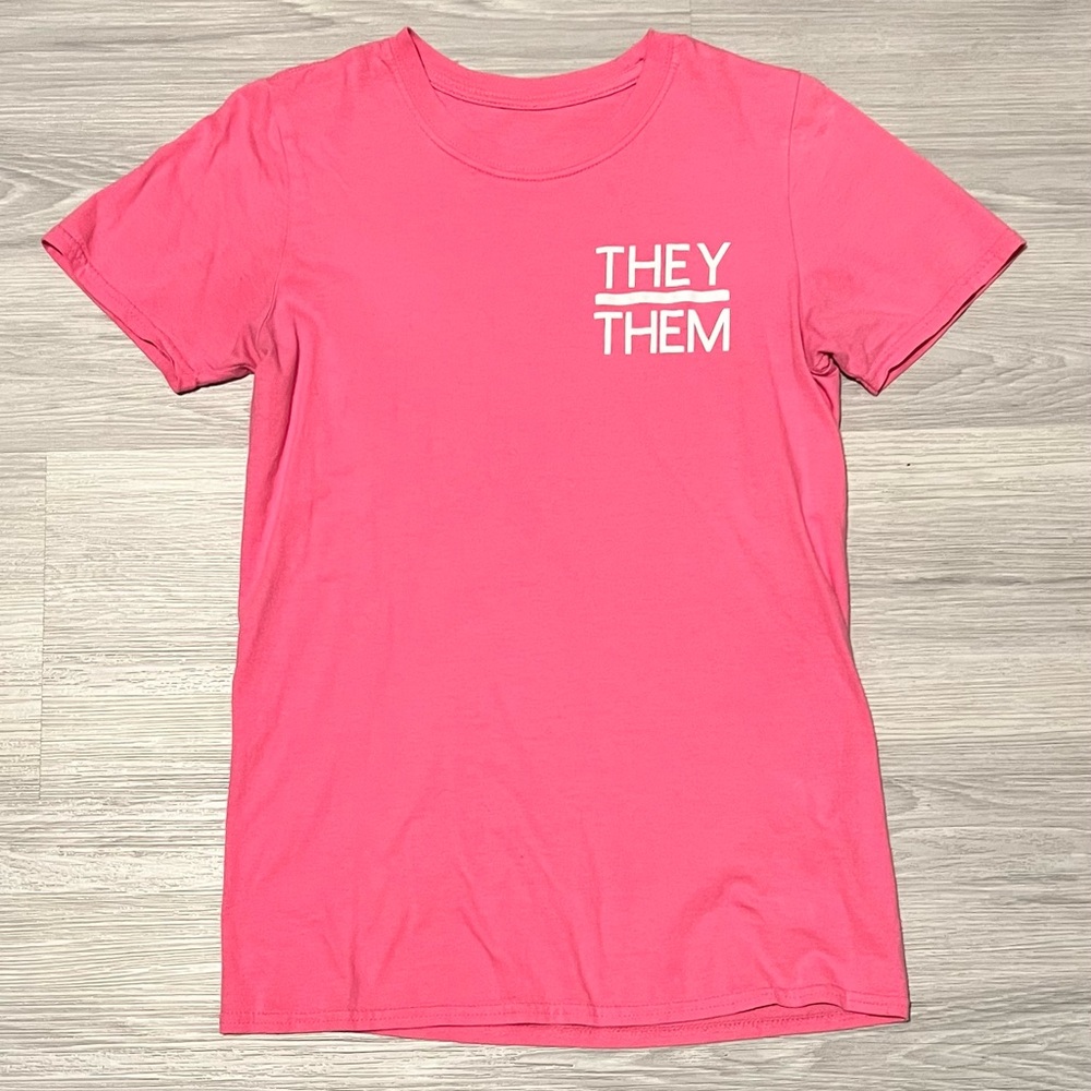 Pink Pronoun Tee- size small